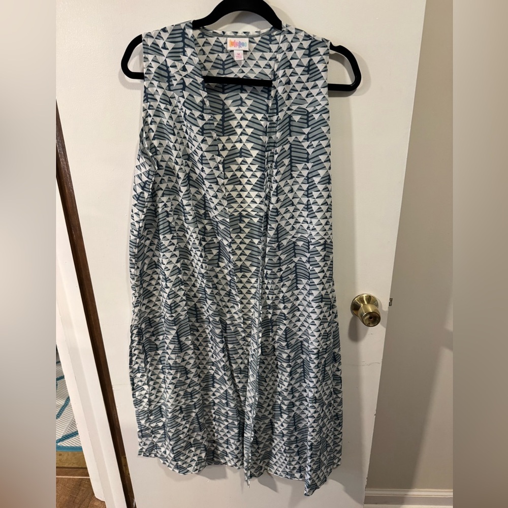 LuLaRoe Joy Open-Front Sleeveless Cardigan Sweater Vest Blue & White Aztec Med